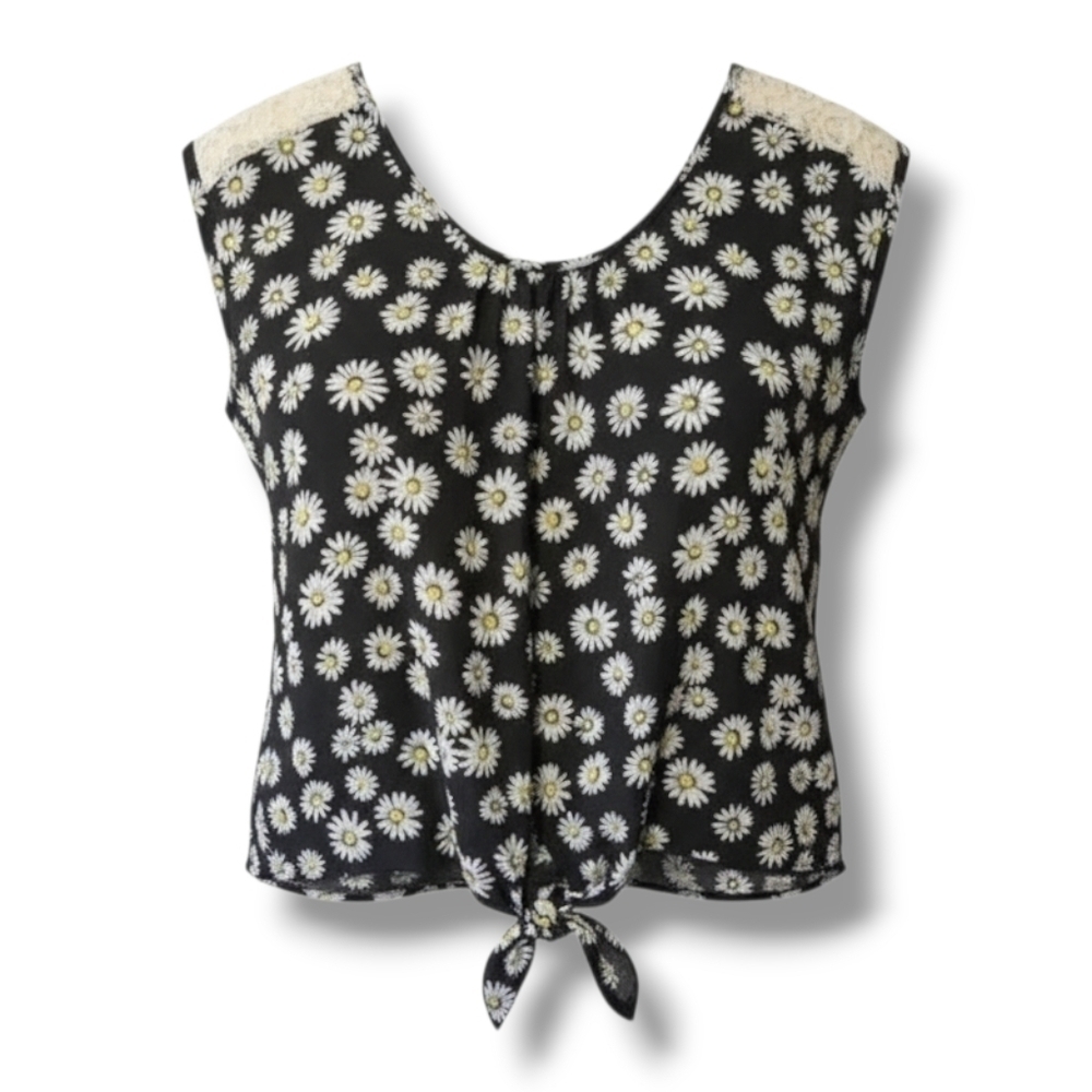 Eyeshadow women's black Daisies flowers lace shoulders tie front Blouse  - large